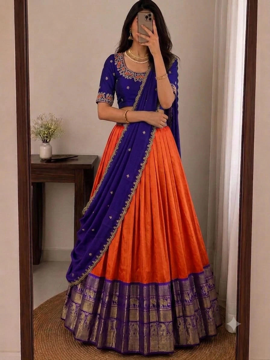 Designer Kanjiveram Silk Lehenga with Maggam Work Blouse 8