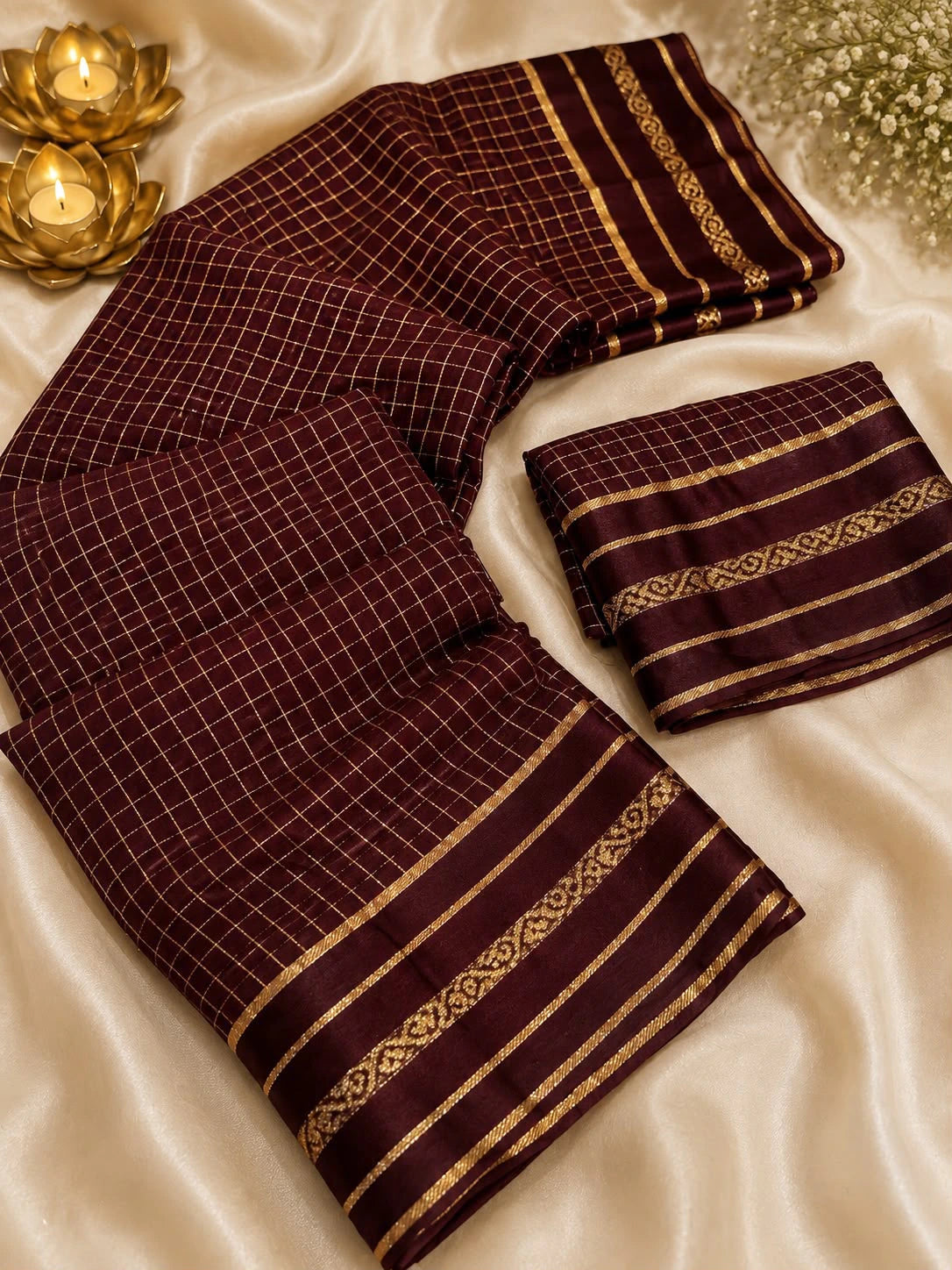 Viscose Georgette Chex Satin Border Saree with Running Blouse 2