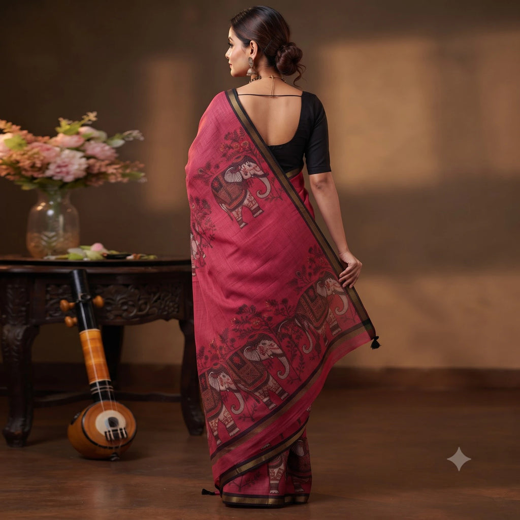 Soft Cotton Linen Saree with Elephant Print 7