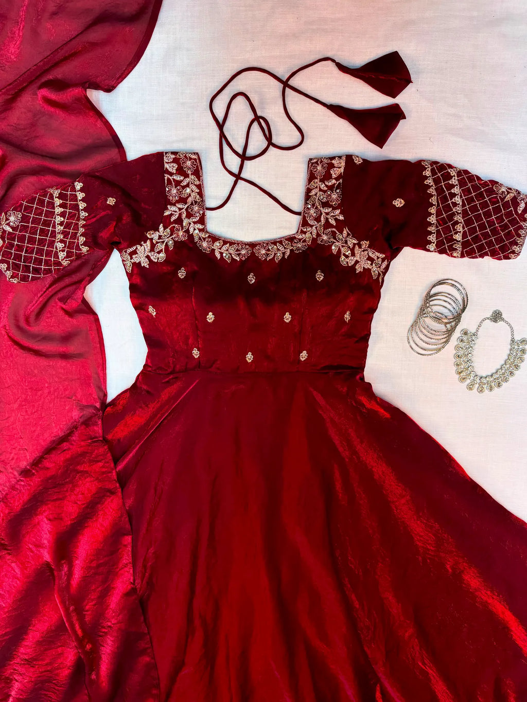 👑💗Luxurious Premium Fendy Satin Embroidery Work Gown With Dupatta👑💗 8