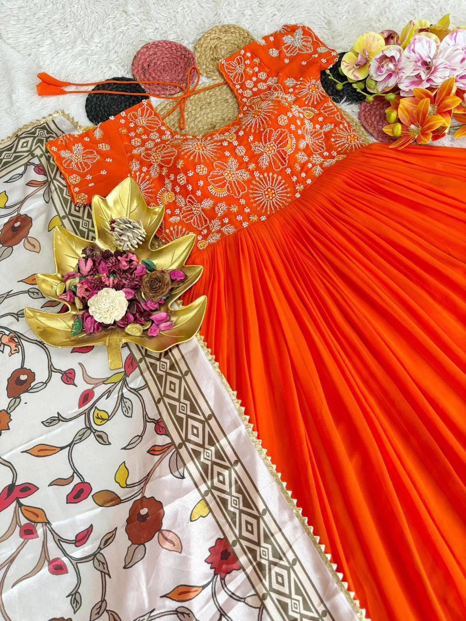 Top Trending Festival Collection. Beautiful Maggam Work Gown With Kalamkari Dupatta. A touch of glam 8