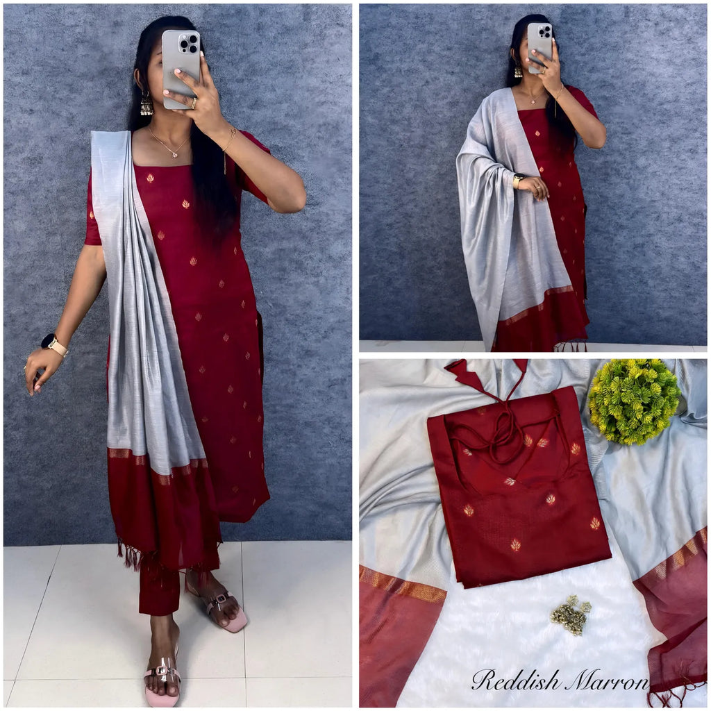 🌸🌸Premium Silk Cotton Kurti Set With Attractive Zari Buttas & Contrast Dupatta🌸🌸 8