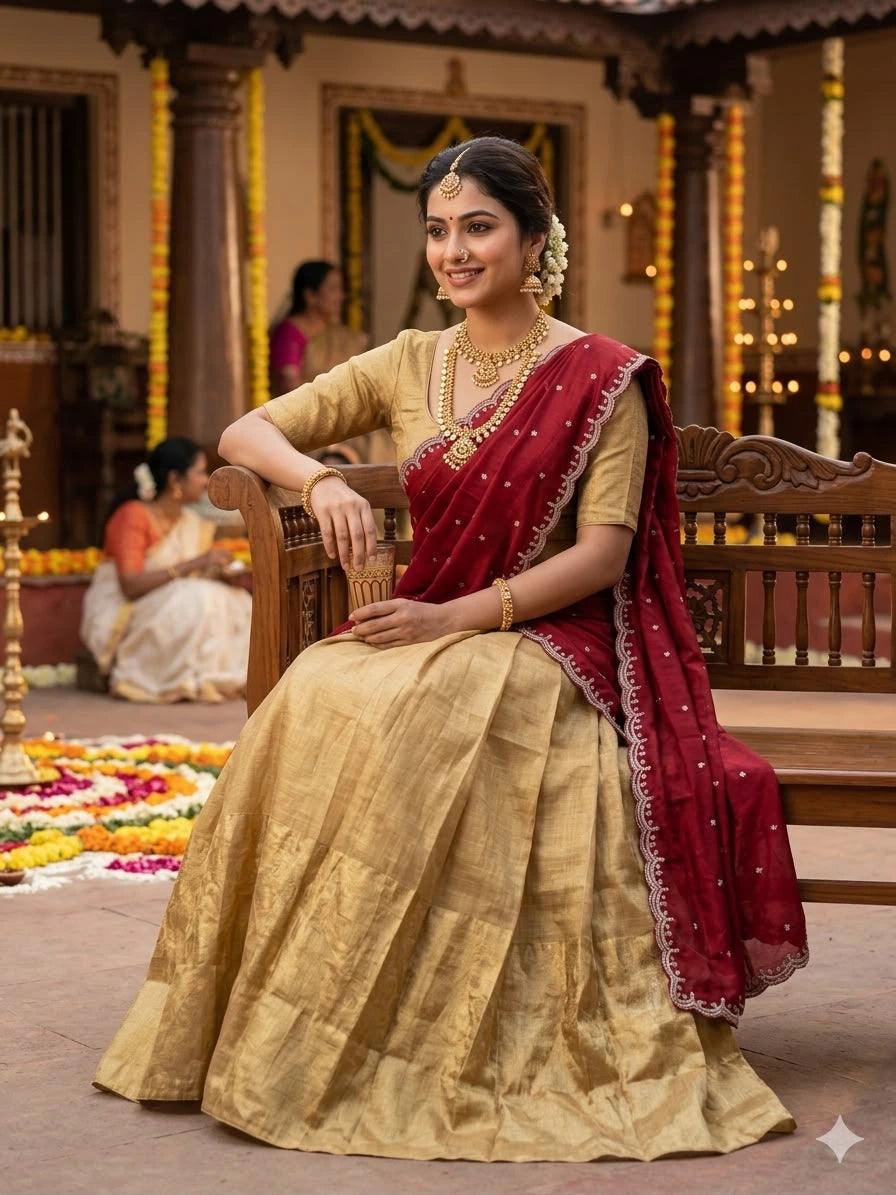 Golden Kanchipuram Half Saree 7