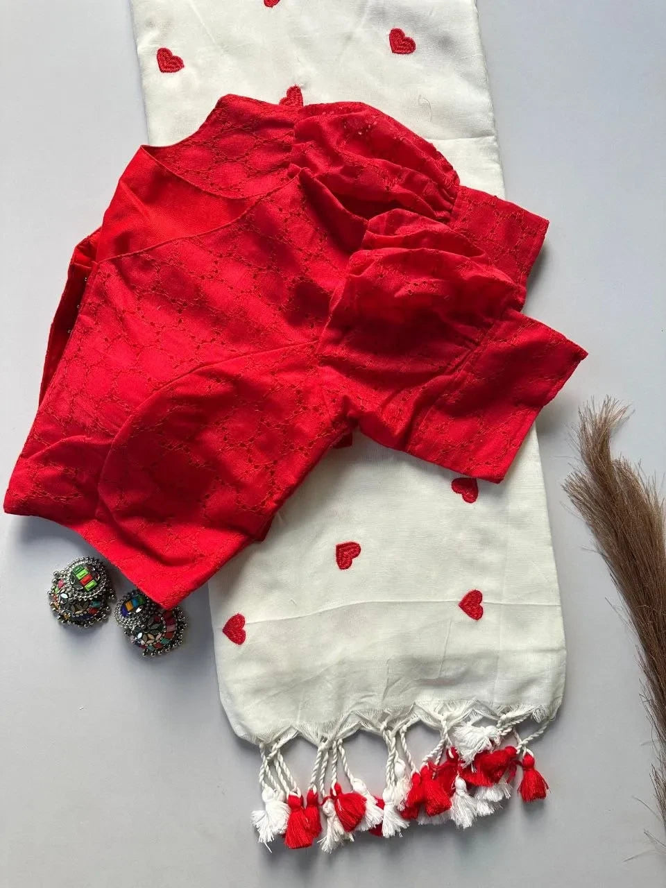 ❤️❤️Premium Khadi Cotton Saree With Heart Embroidery Work And Cotton Stitched Hakoba Blouse❤️❤️ 2