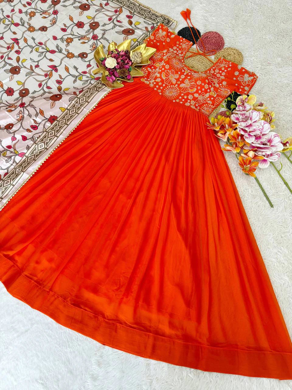 Top Trending Festival Collection. Beautiful Maggam Work Gown With Kalamkari Dupatta. A touch of glam 4