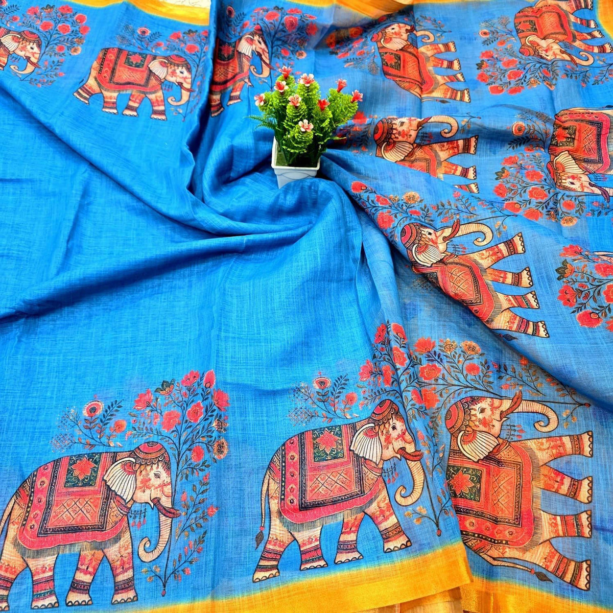 Soft Cotton Linen Saree with Elephant Print 9