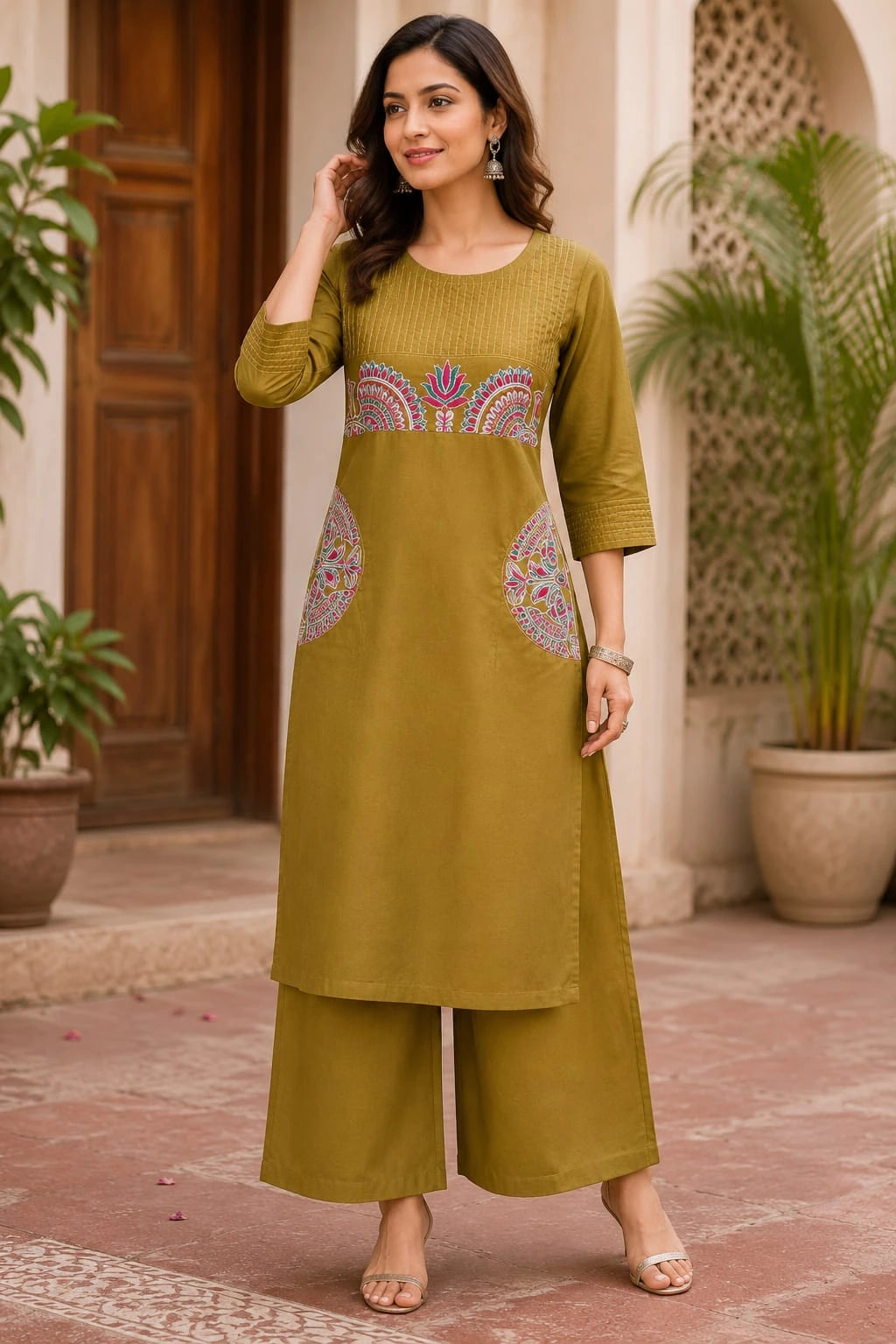 Olive Green Cotton Kurti Set - Elegant 4
