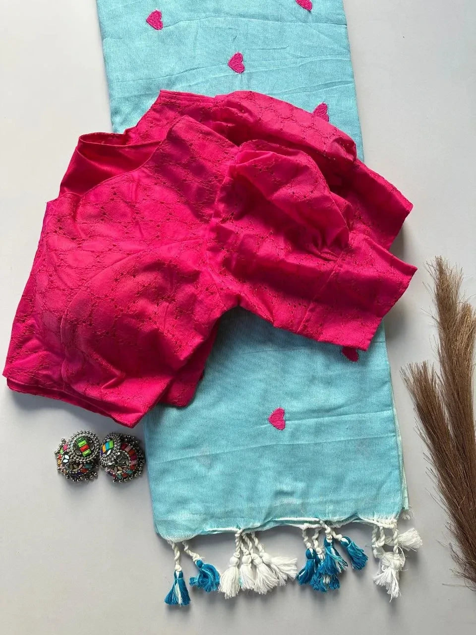 ❤️❤️Premium Khadi Cotton Saree With Heart Embroidery Work And Cotton Stitched Hakoba Blouse❤️❤️ 7