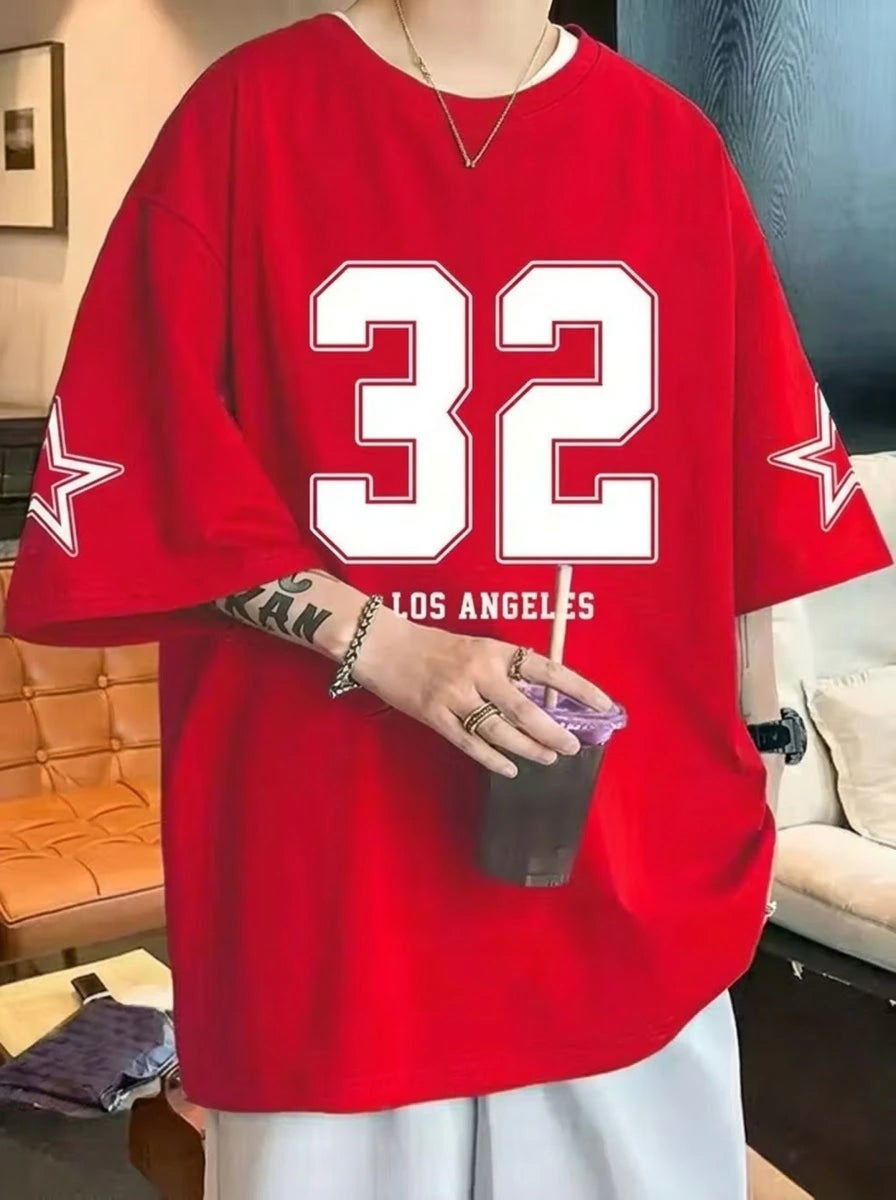 Men's Oversized Number 32 Los Angeles Printed Cotton Drop Shoulder T-Shirt 1