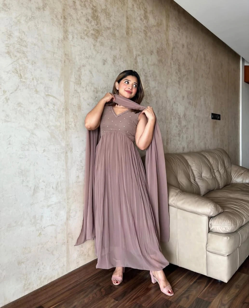 Faux Georgette Embroidered Gown 5
