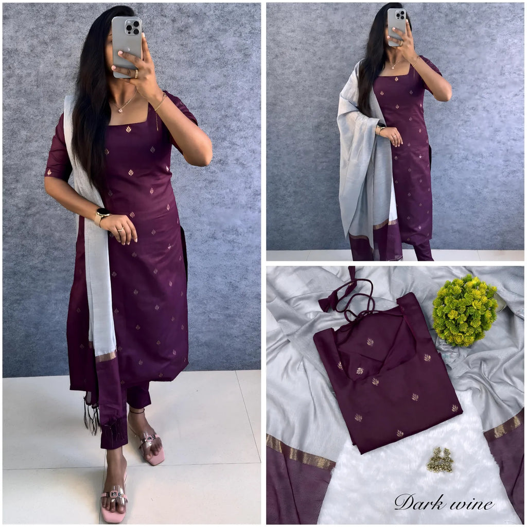 🌸🌸Premium Silk Cotton Kurti Set With Attractive Zari Buttas & Contrast Dupatta🌸🌸 2