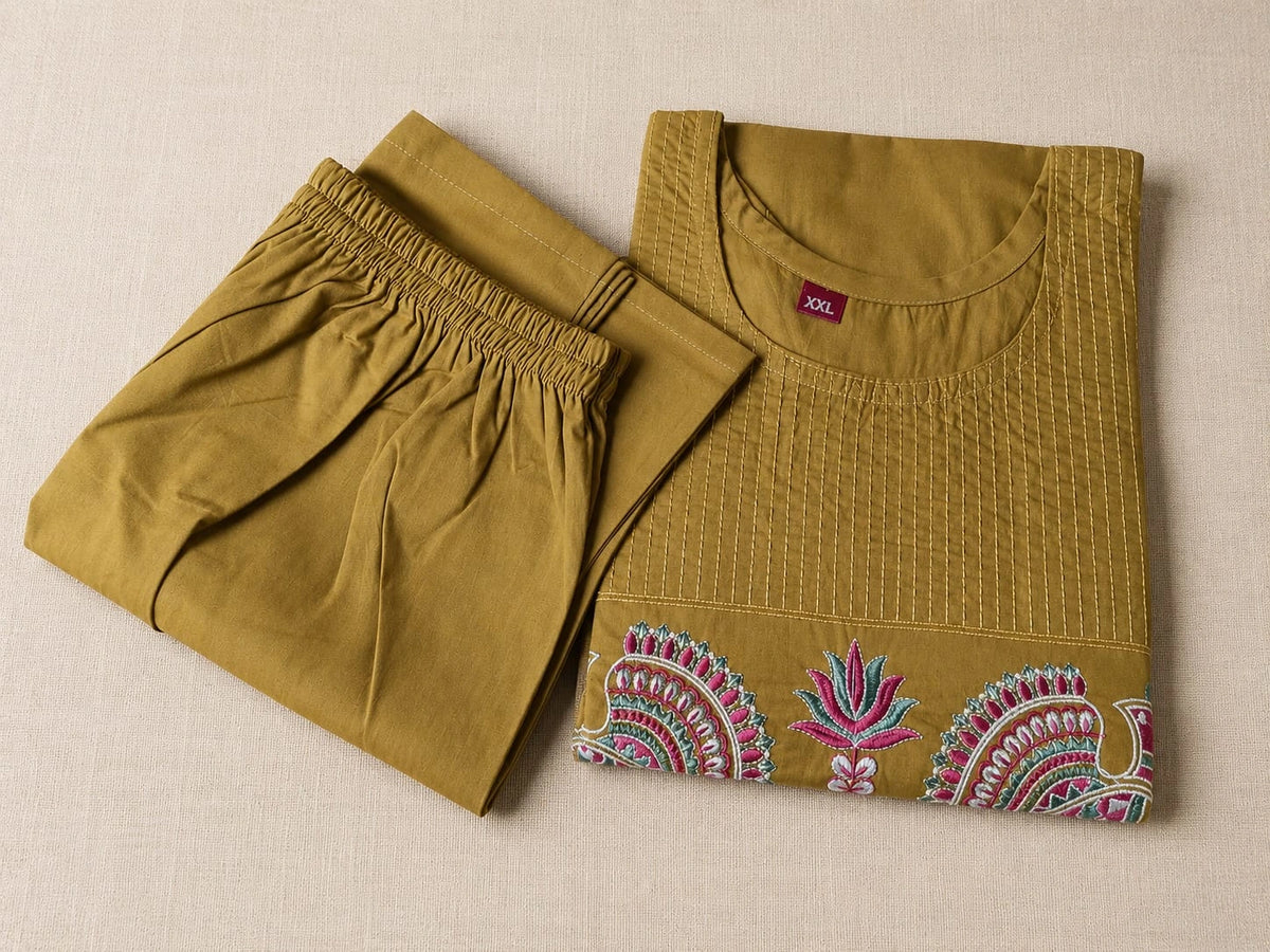 Olive Green Cotton Kurti Set - Elegant 3