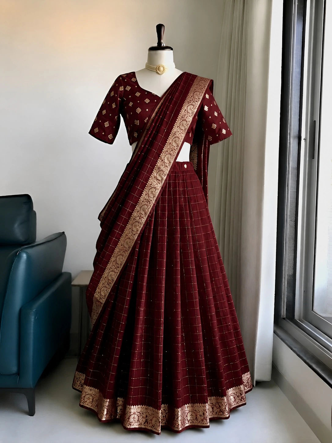 Viscose Georgette  with heavy zari border lengha , 1