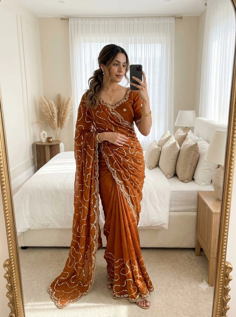 Satin Embellished Saree with Blouse 10