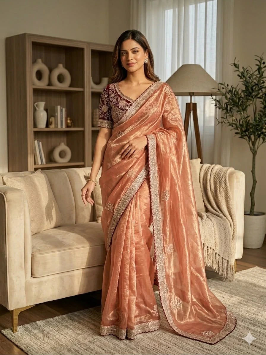 Satin Embroidered Saree with Blouse 10
