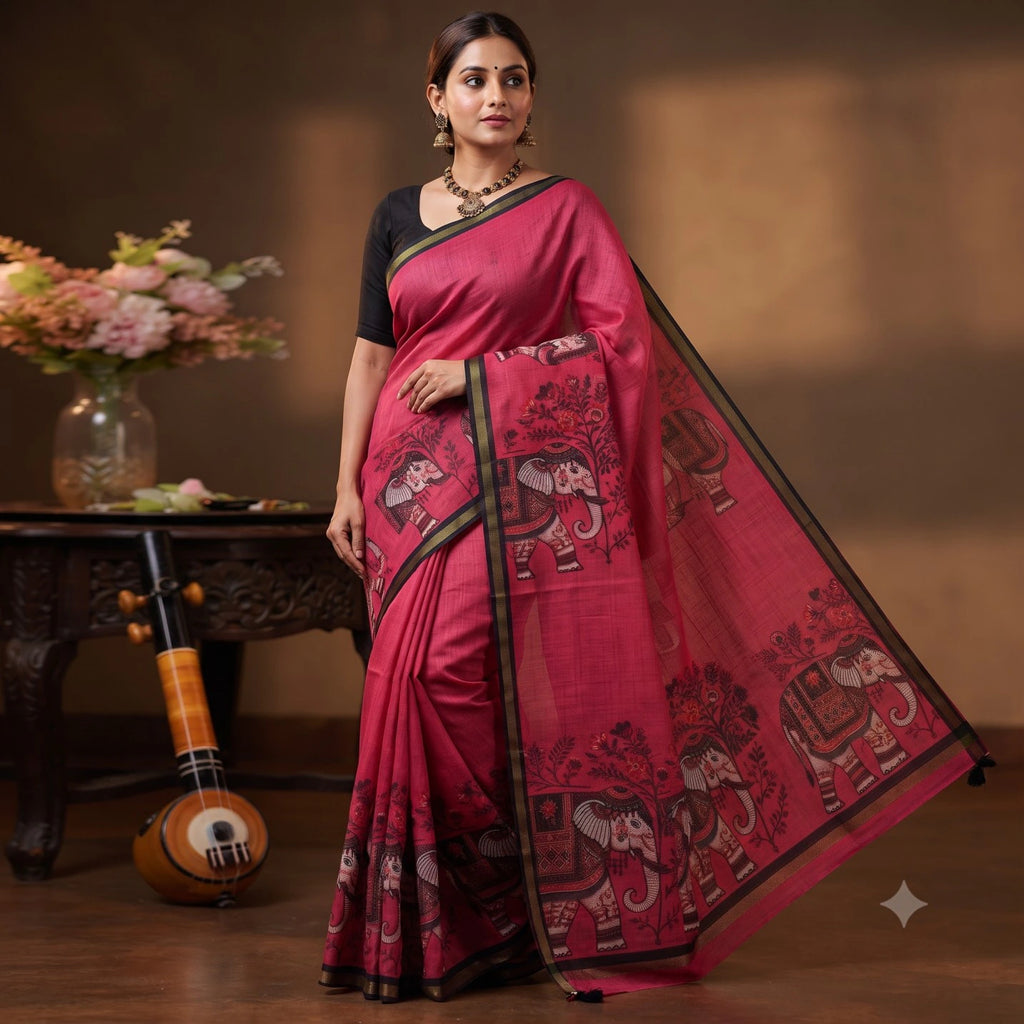 Soft Cotton Linen Saree with Elephant Print 8