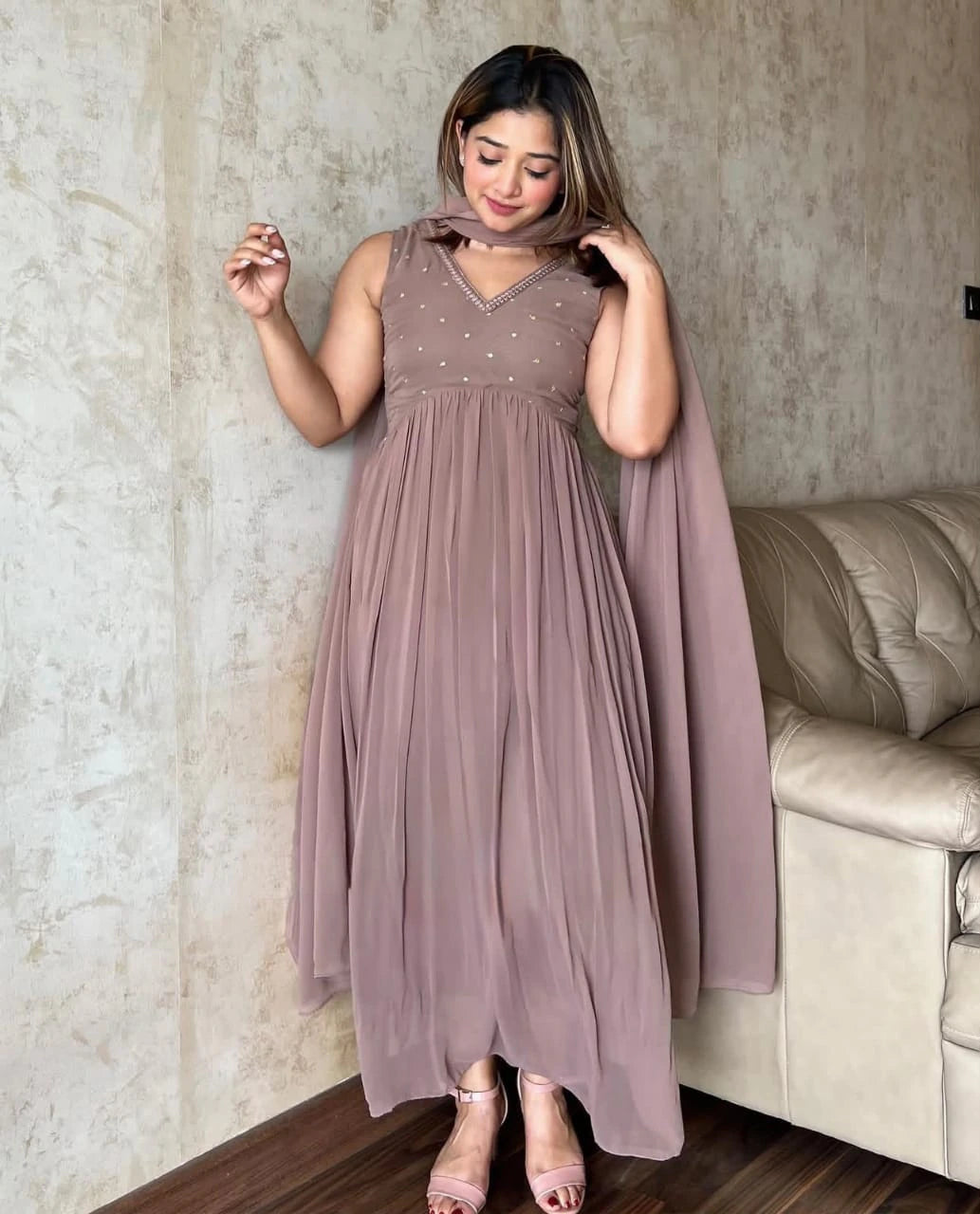Faux Georgette Embroidered Gown 1