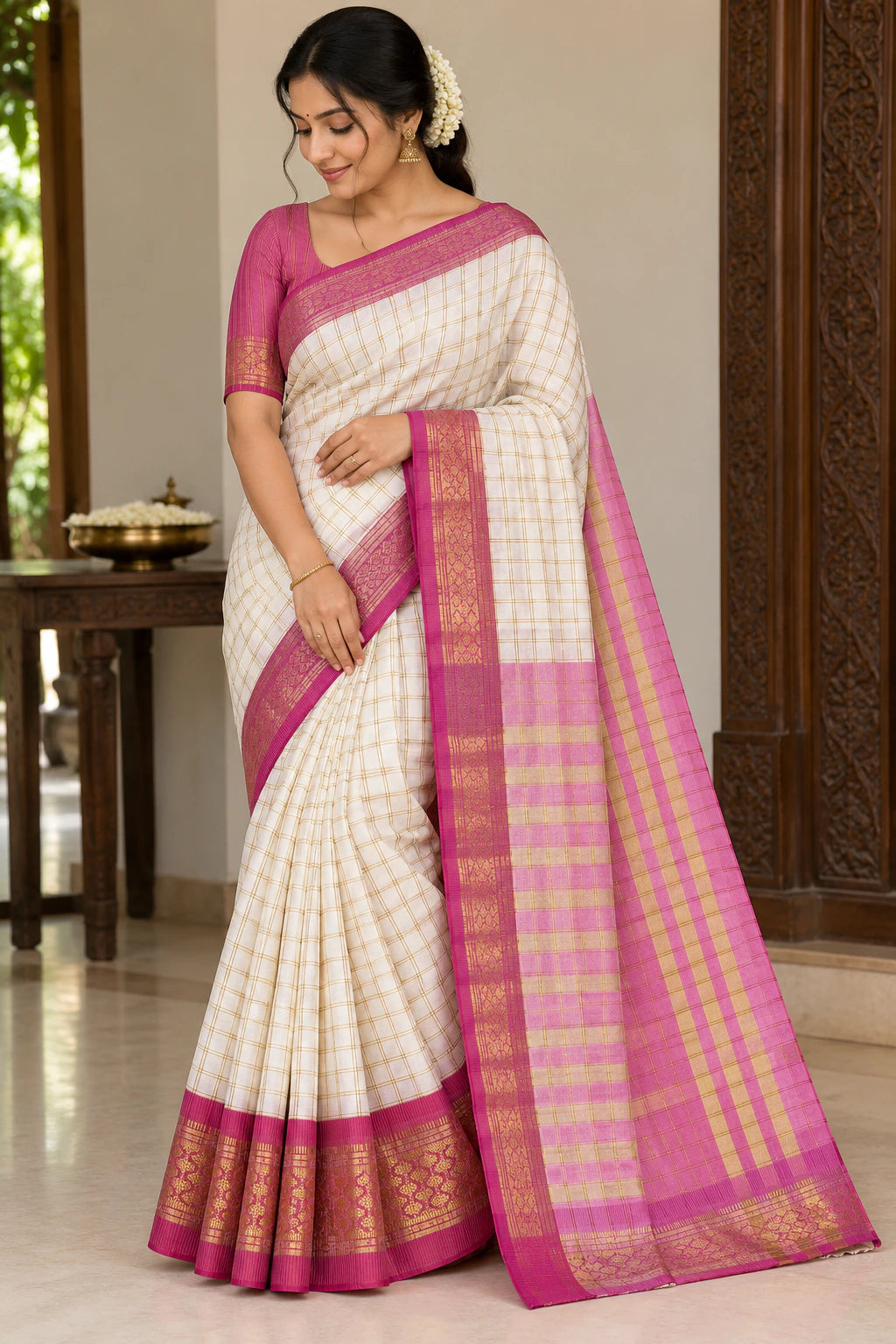 Arani Pattu Silk Checked Sarees with Zari Border 5