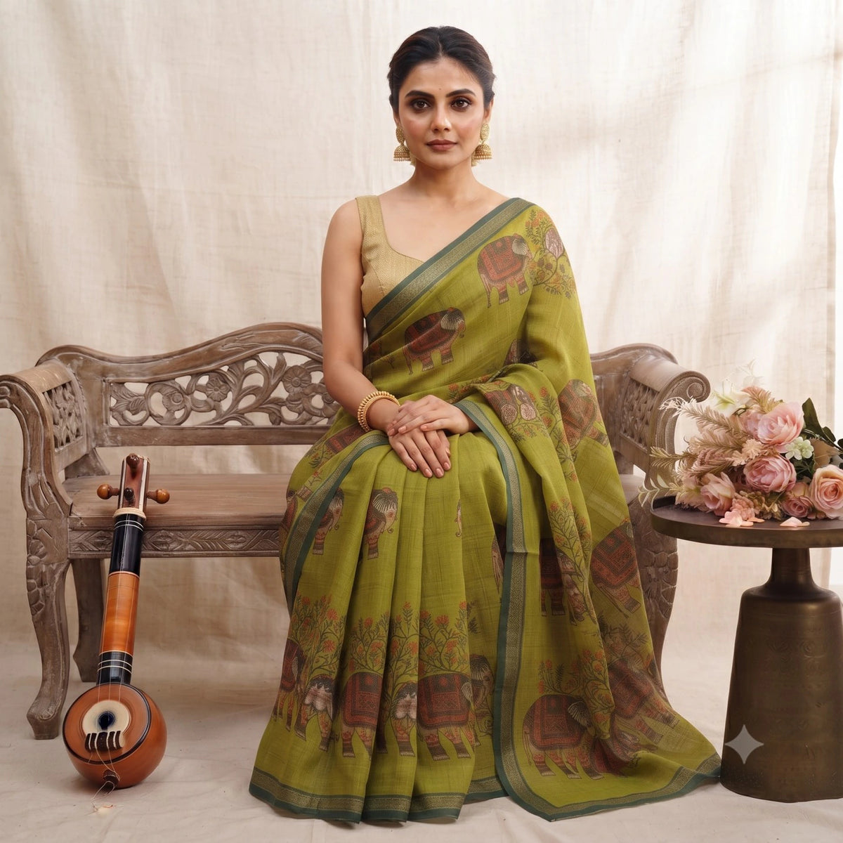 Soft Cotton Linen Saree with Elephant Print 4