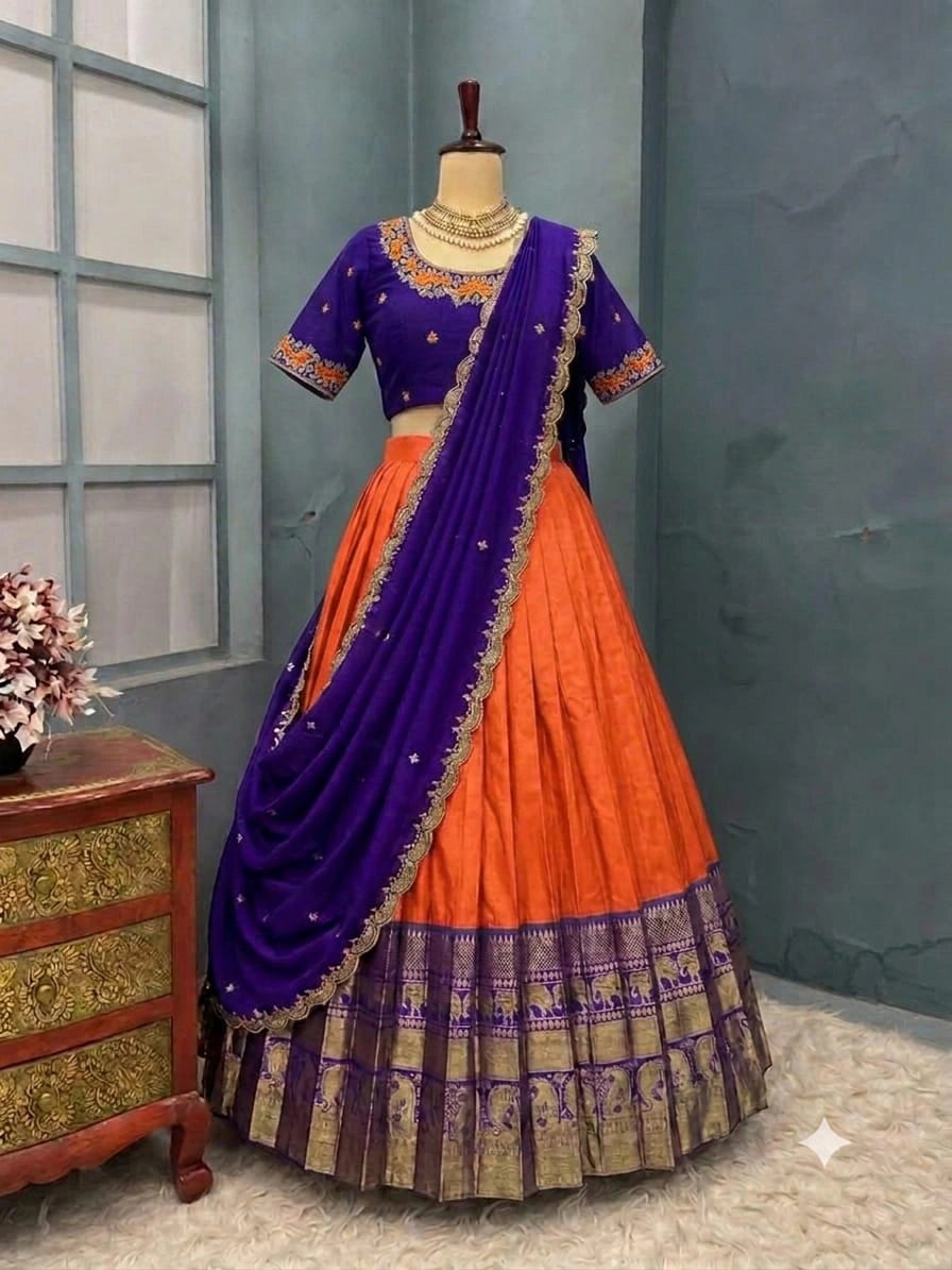 Designer Kanjiveram Silk Lehenga with Maggam Work Blouse 7