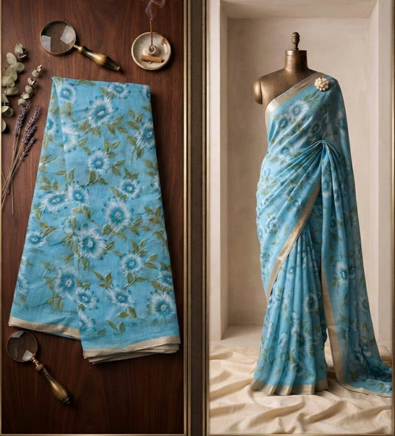 Linen Floral Saree with Blouse 6