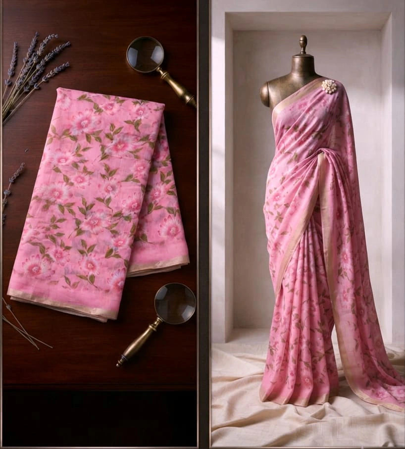 Linen Floral Saree with Blouse 7