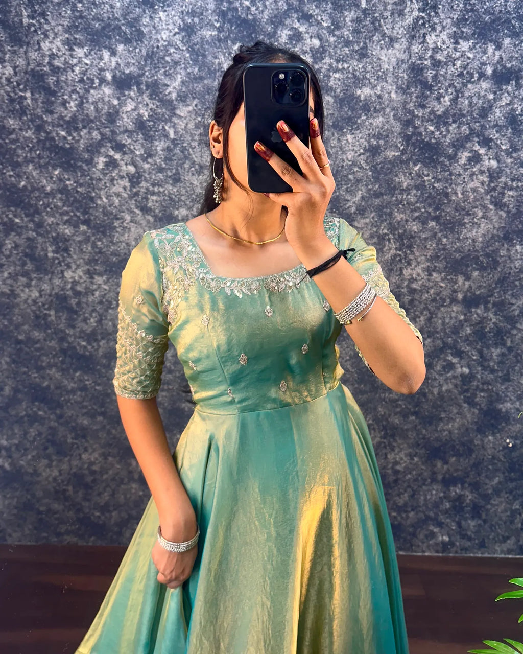👑💗Luxurious Premium Fendy Satin Embroidery Work Gown With Dupatta👑💗 10