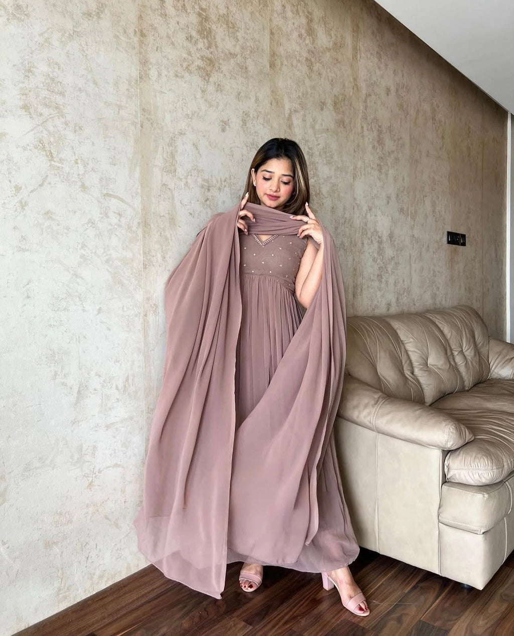Faux Georgette Embroidered Gown 9