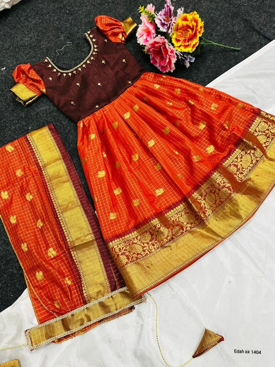 🧡🧡Premium Rust Orange Half Pattu Crepe Silk Gown For Little Princess🧡🧡 3