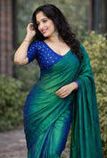 Elegant Peacock Blue Malai Silk Saree with Tassels 1