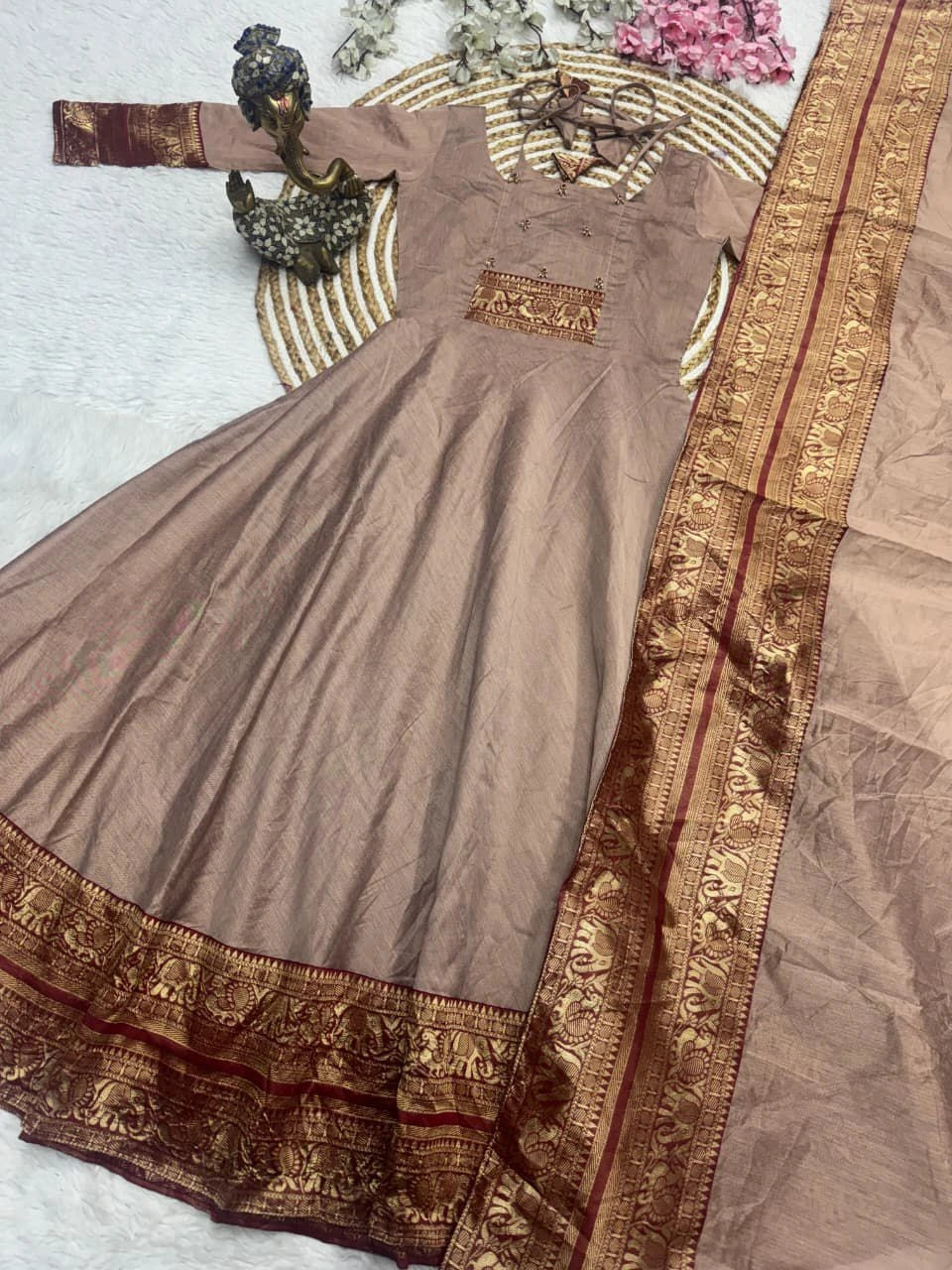 Traditional Silk Cotton Anarkali with Dupatta 1