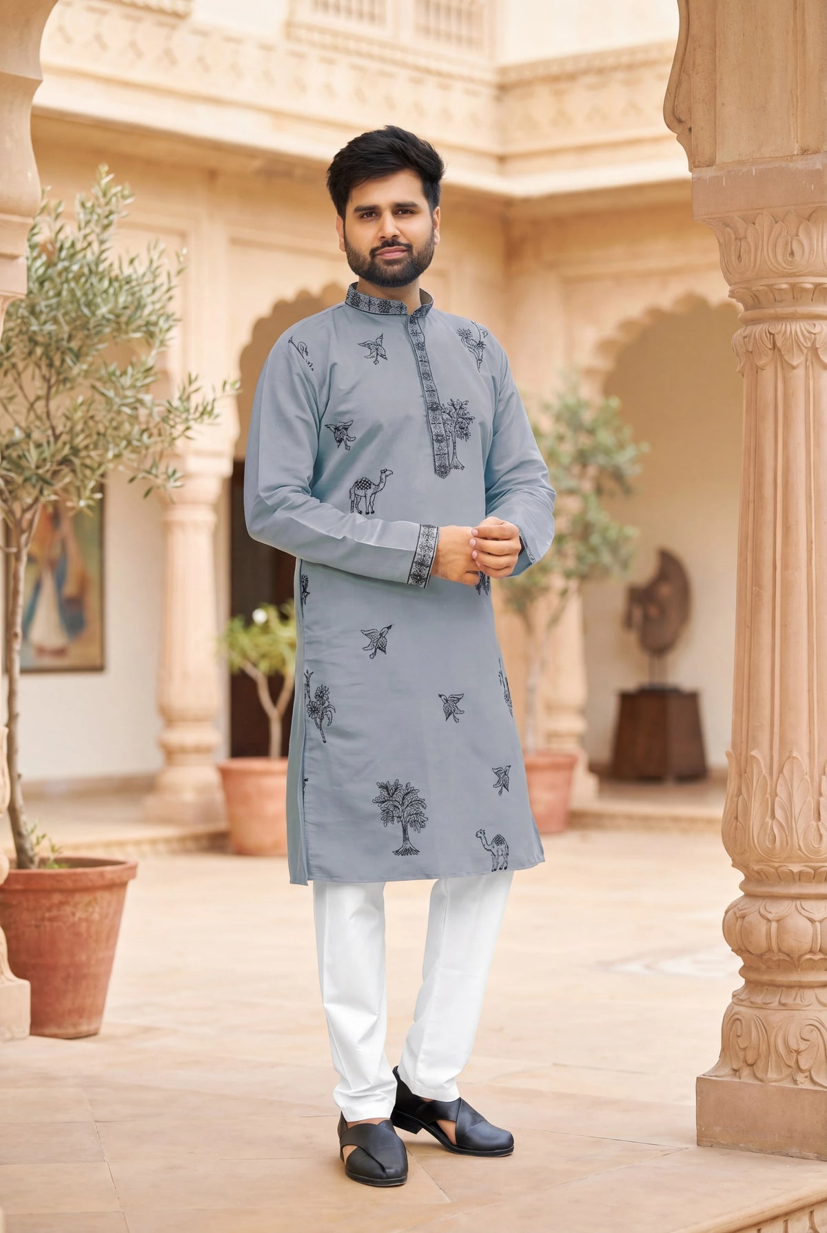 Roman Silk Embroidered Kurta Set 9