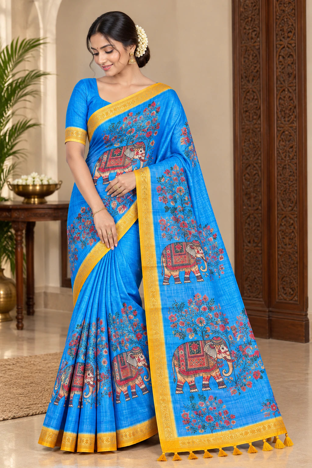 Soft Cotton Linen Saree with Elephant Print 10