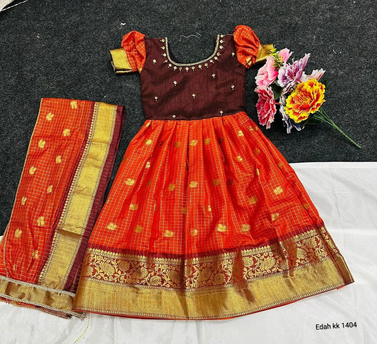 🧡🧡Premium Rust Orange Half Pattu Crepe Silk Gown For Little Princess🧡🧡 1