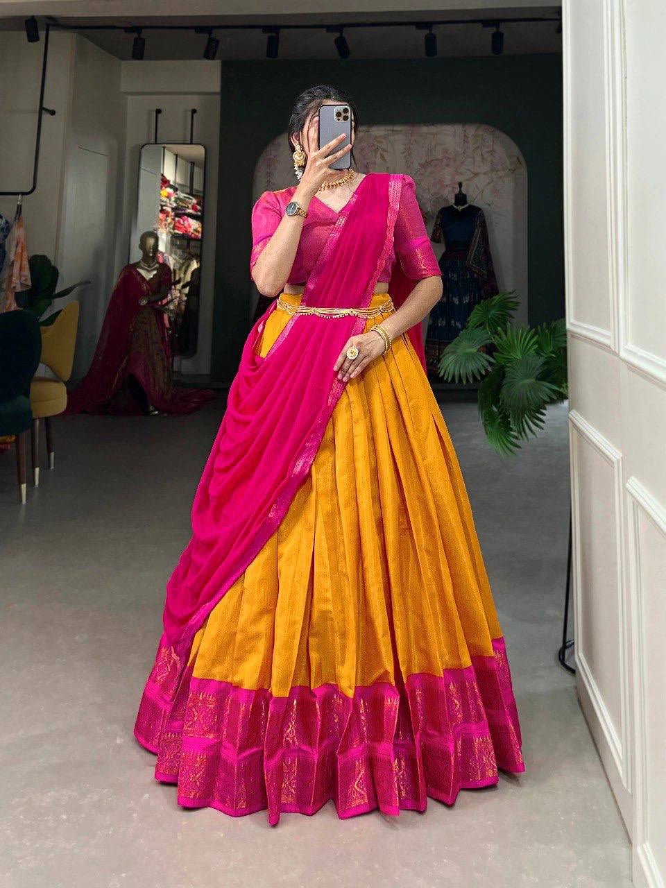 South-Style Kanchipuram Silk Lehenga Choli with Zari Weaving 1