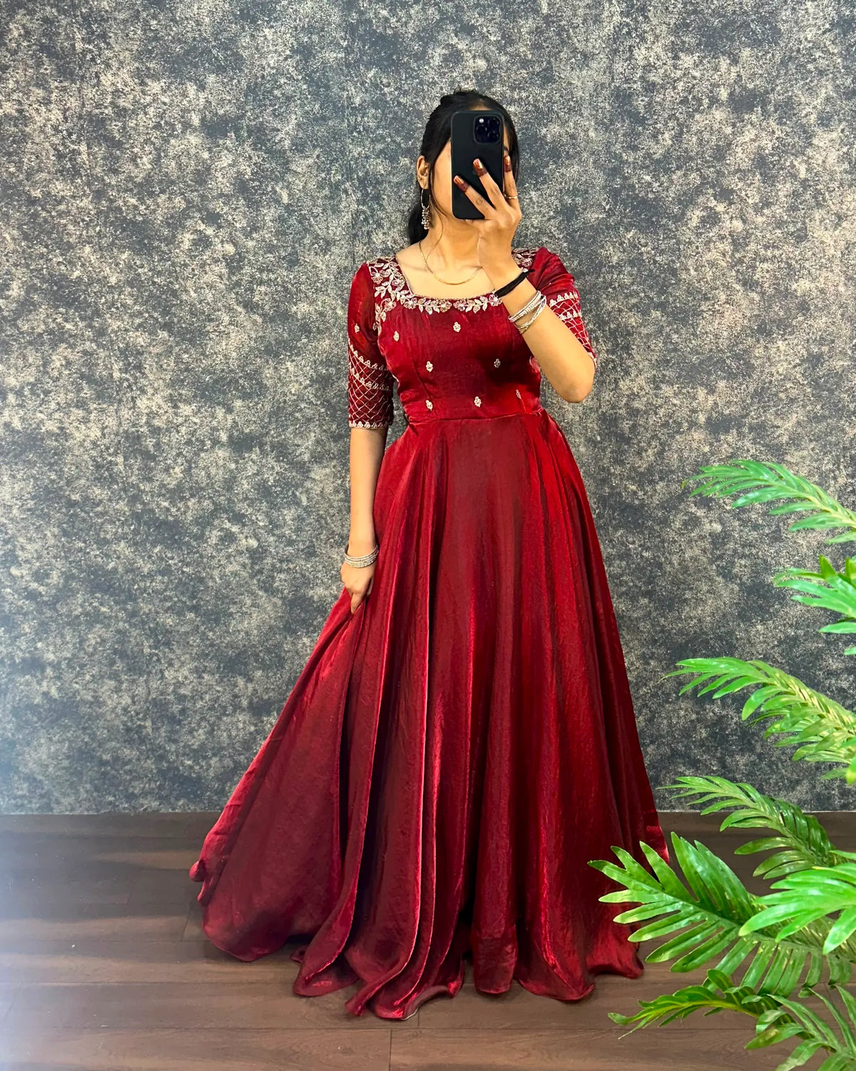 👑💗Luxurious Premium Fendy Satin Embroidery Work Gown With Dupatta👑💗 5