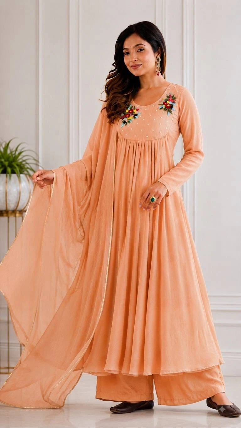 👗💥💥Presenting By New Party Wear L@@K Pure Viscos Mul Chanderi Cotton A Line pattern P@nt With Dup 8