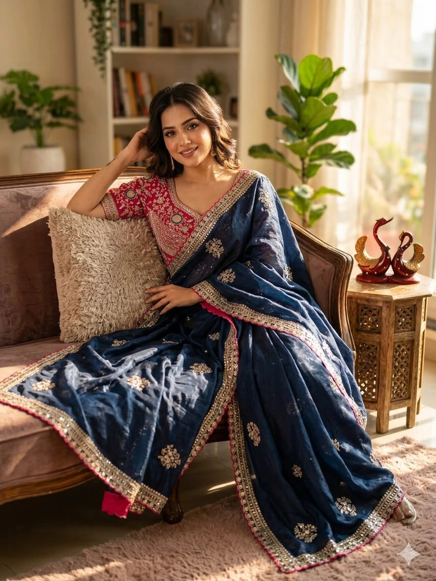 Satin Embroidered Saree with Blouse 6